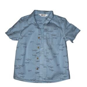 H&M Boys Shark Print Button-Up Shirt Blue Size 5-6Y Short Sleeve